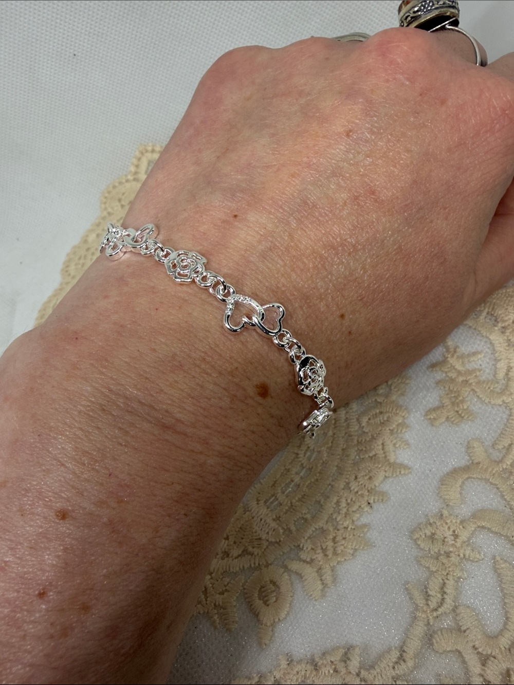 925 Sterling Silver Rose & Open Heart Bracelet | Romantic Cottagecore - Picture 3 of 7